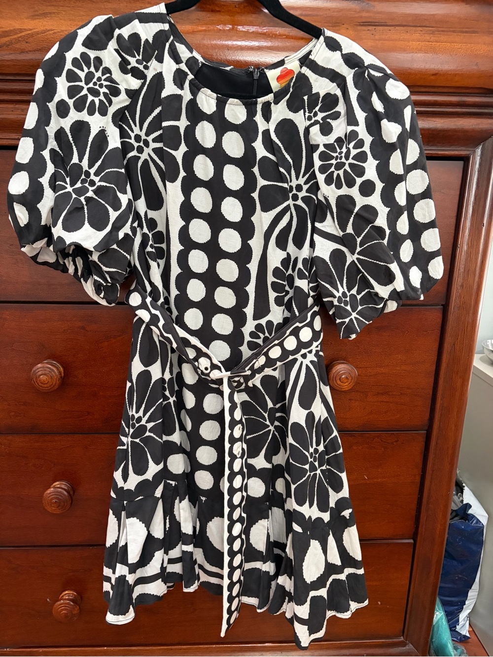 FARM Rio Black and White Floral & Dot Belted Mini Dress